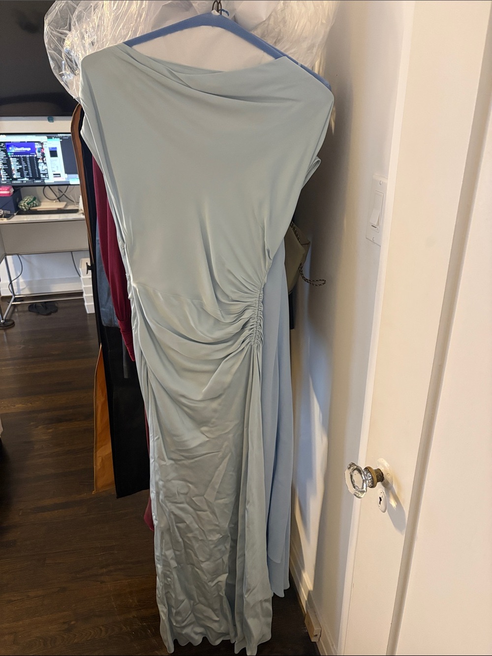 A.L.C. Pale Blue One-Shoulder Ruched Gown